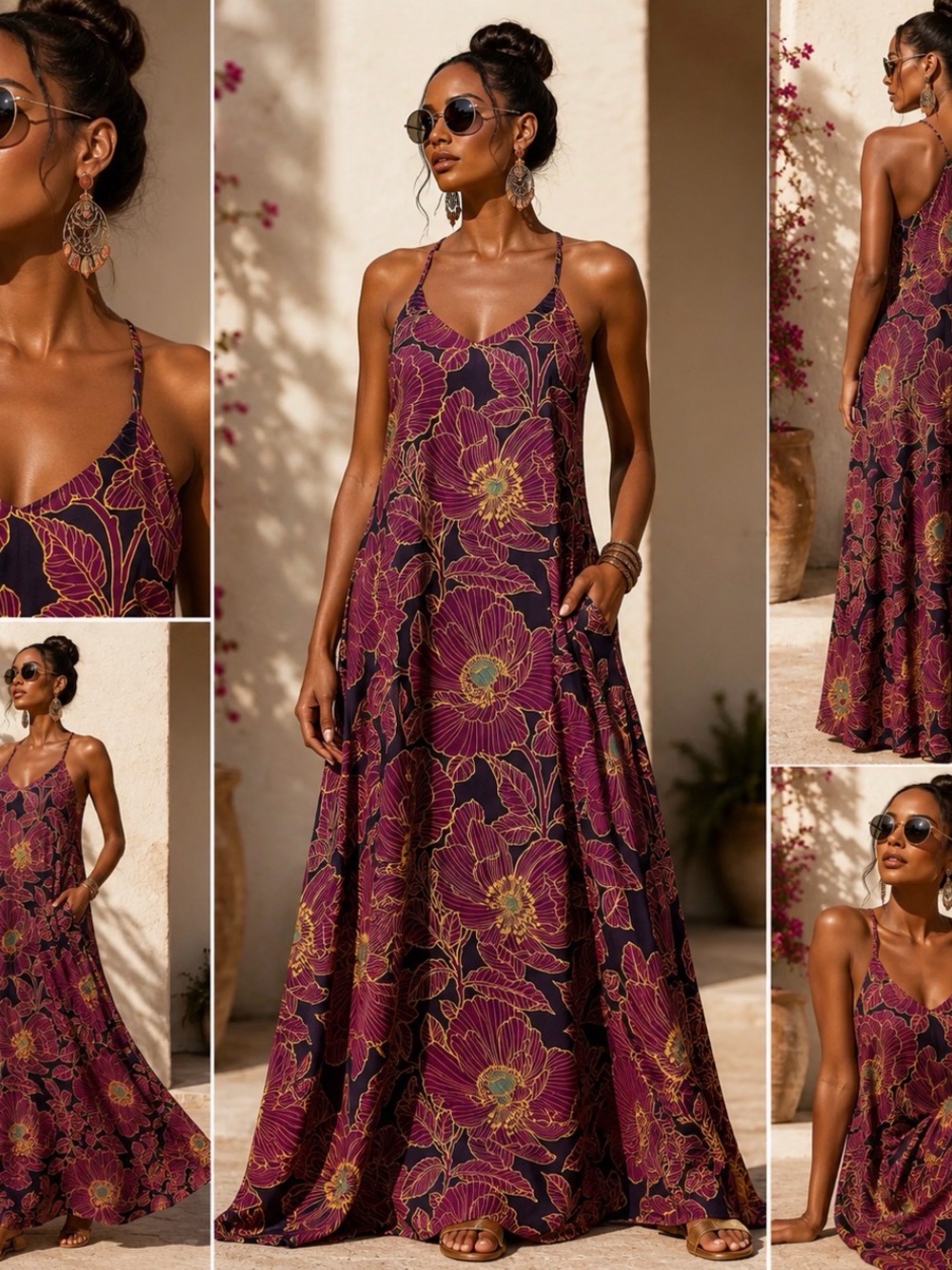 Nicole Miller Plum Floral Maxi Dress with Gold Accents